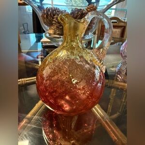 Fenton Vintage hand-blown glass pitcher in an amberina crackle pattern